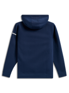 Alpinestars Frontal Hoodie, casual navy blue fleece pullover, rear view, white Alpinestars word logo on sleeve, ribbed cuffs and hem, motorsport-inspired streetwear