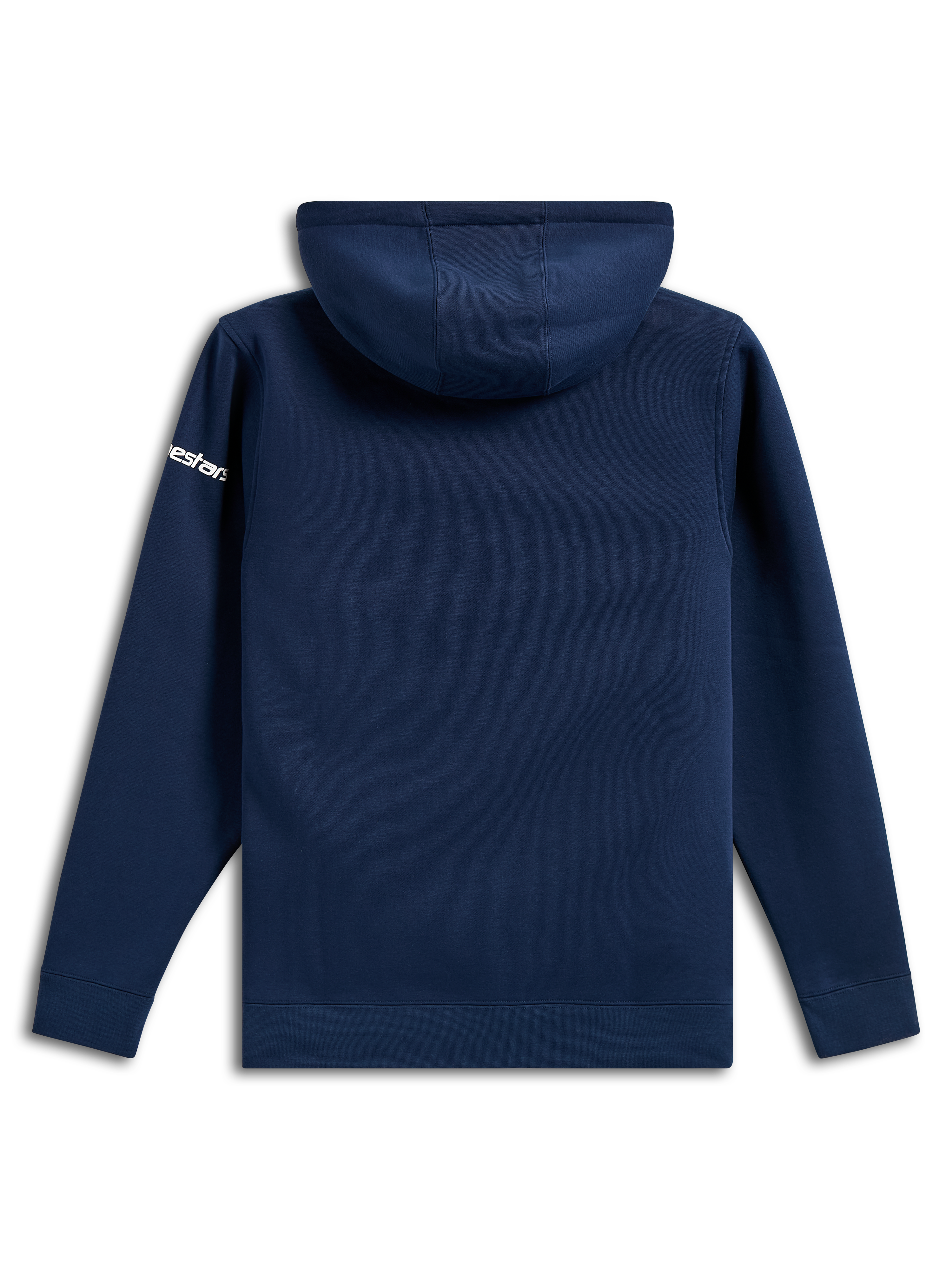 Alpinestars Frontal Hoodie, casual navy blue fleece pullover, rear view, white Alpinestars word logo on sleeve, ribbed cuffs and hem, motorsport-inspired streetwear