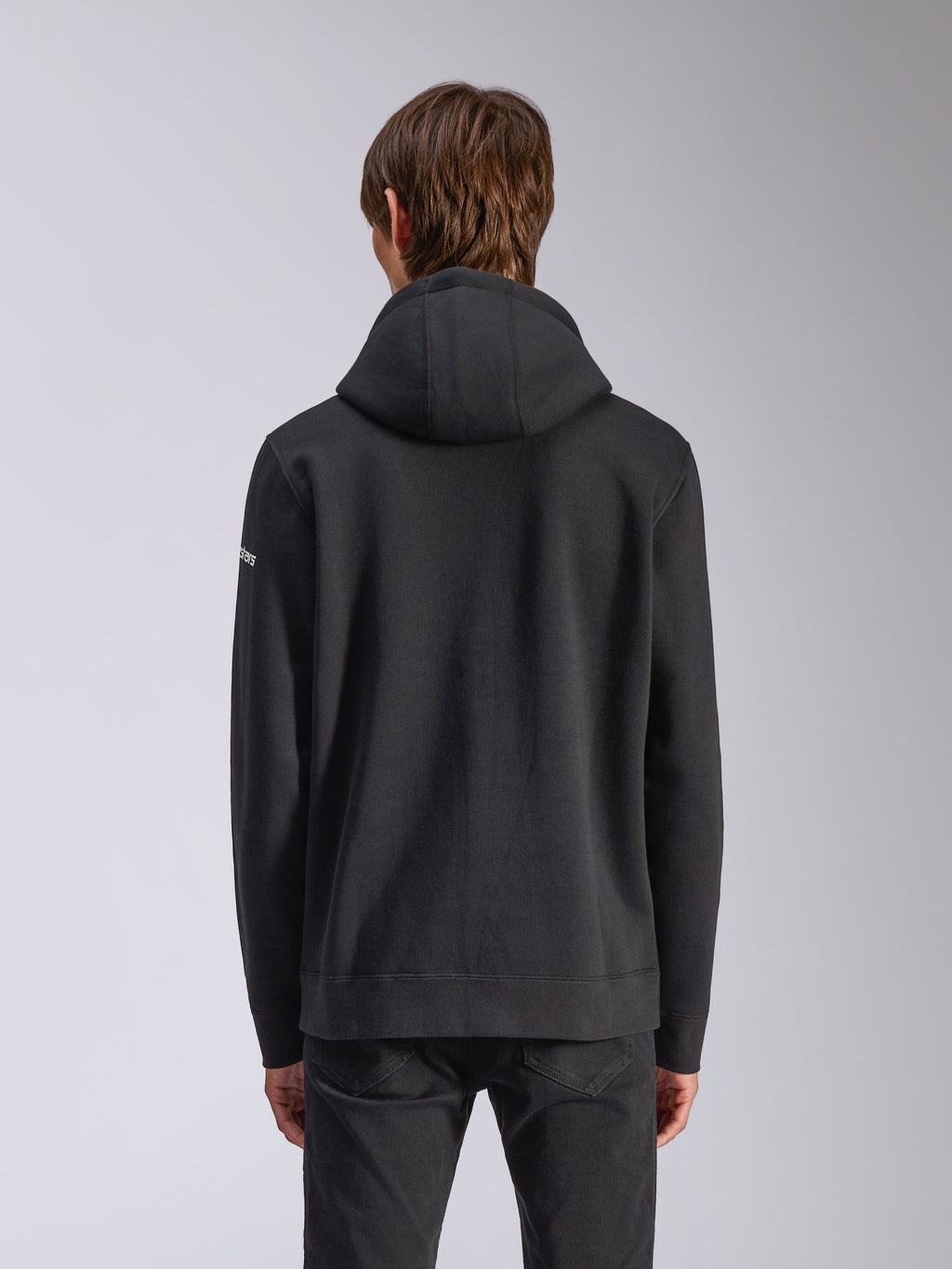 Alpinestars Frontal Hoodie, zwart, achteraanzicht van een casual pullover sweatshirt, met een zelfgevoerde capuchon, geribde zoom en wit woordmerklogo op de mouw, op motorsport geïnspireerde streetwear.