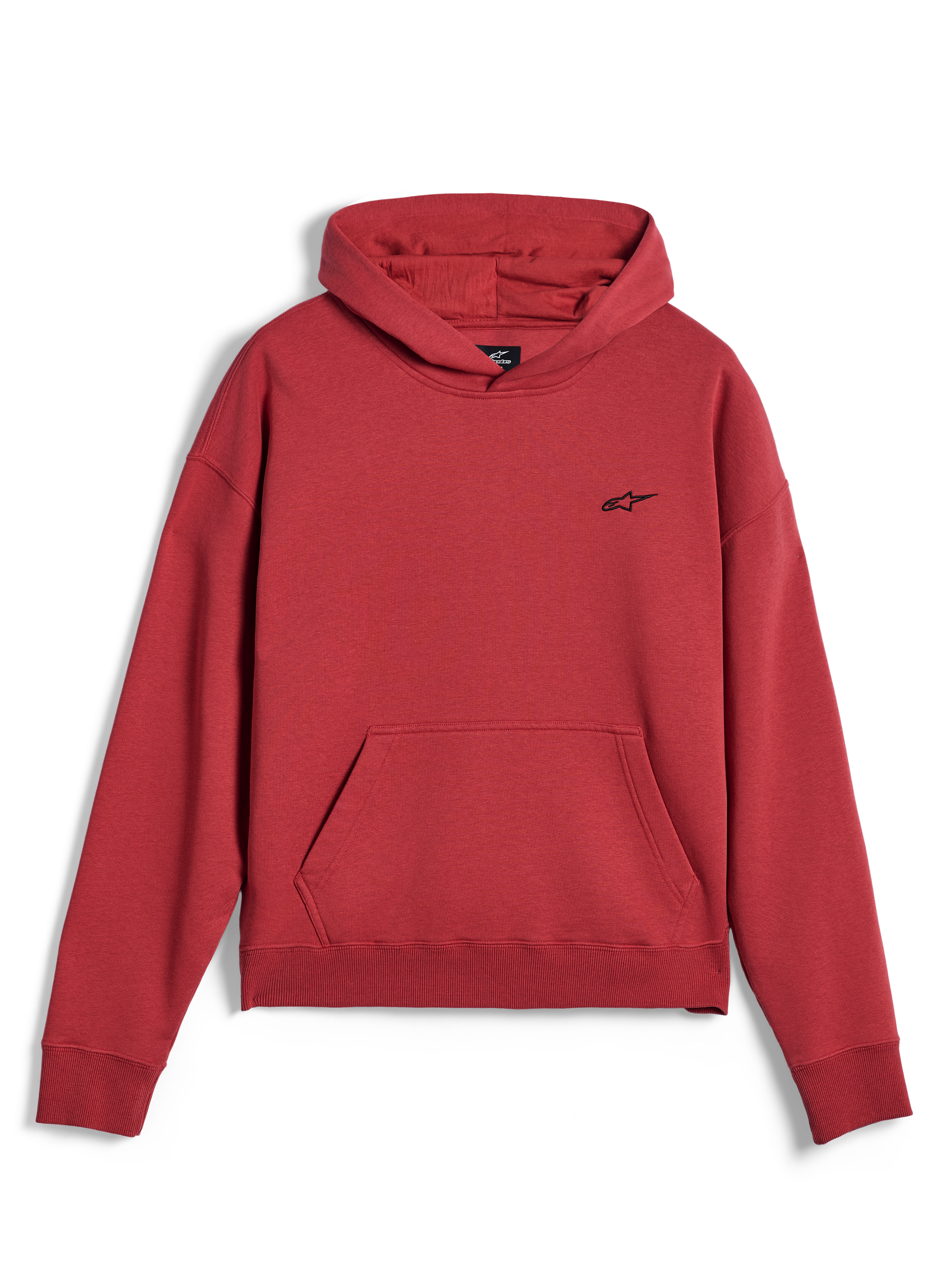 Alpinestars Essentials Ageless Hoodie, casual sportkleding, baksteenrood, met een klein zwart Alpinestars sterlogo op de borst, kangoeroezak en geribbelde zoom en manchetten, minimalistisch streetwear-ontwerp