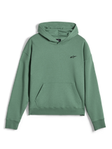 Alpinestars Essentials Ageless Hoodie, casual streetwear pullover, cactusgroen met stone wash afwerking, klein zwart Alpinestars-logo op de borst, kangoeroezak aan de voorzijde, geribbelde boorden en zoom, hoogwaardig fleacemateriaal