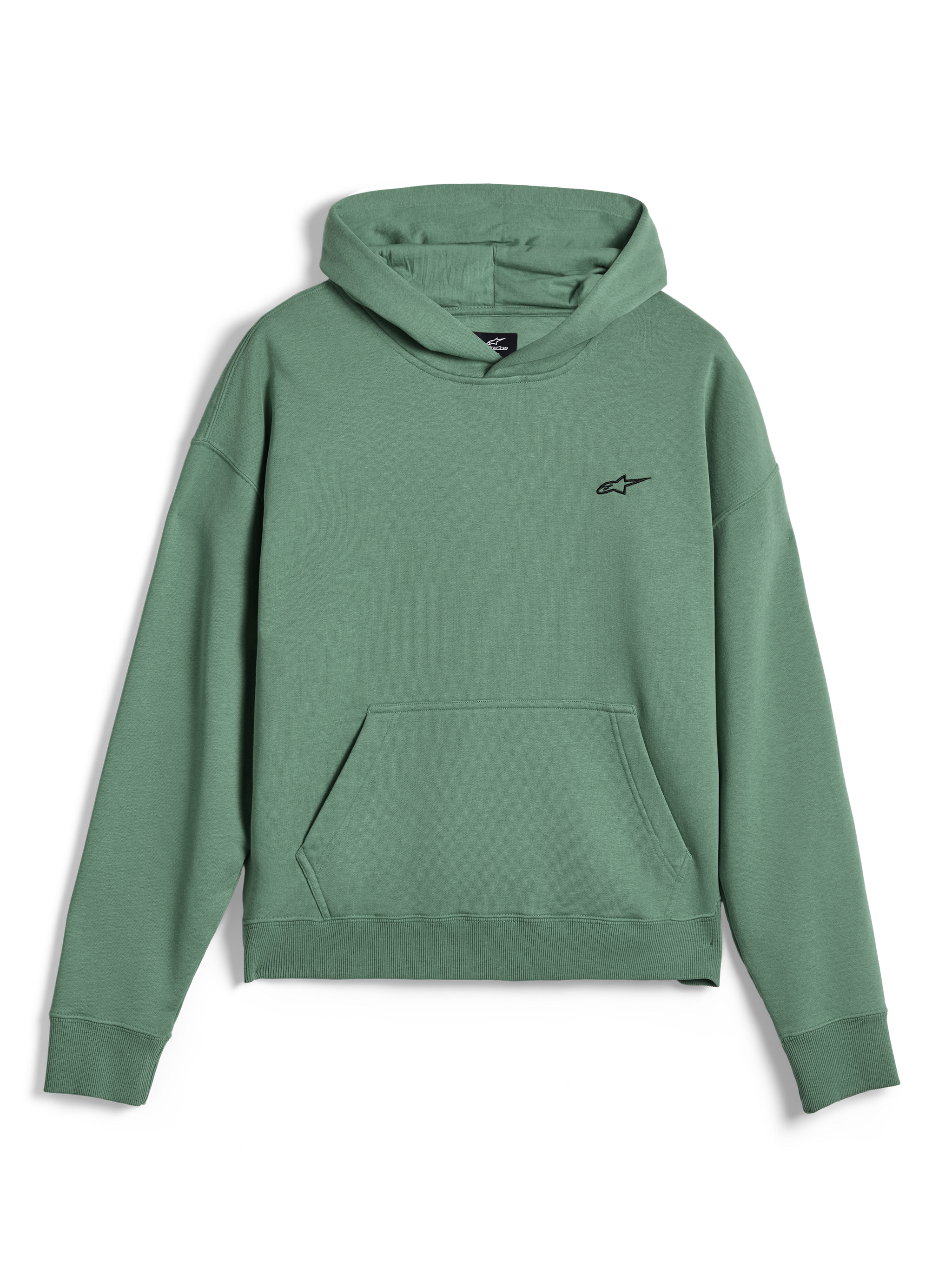 Alpinestars Essentials Ageless Hoodie, casual streetwear pullover, cactusgroen met stone wash afwerking, klein zwart Alpinestars-logo op de borst, kangoeroezak aan de voorzijde, geribbelde boorden en zoom, hoogwaardig fleacemateriaal
