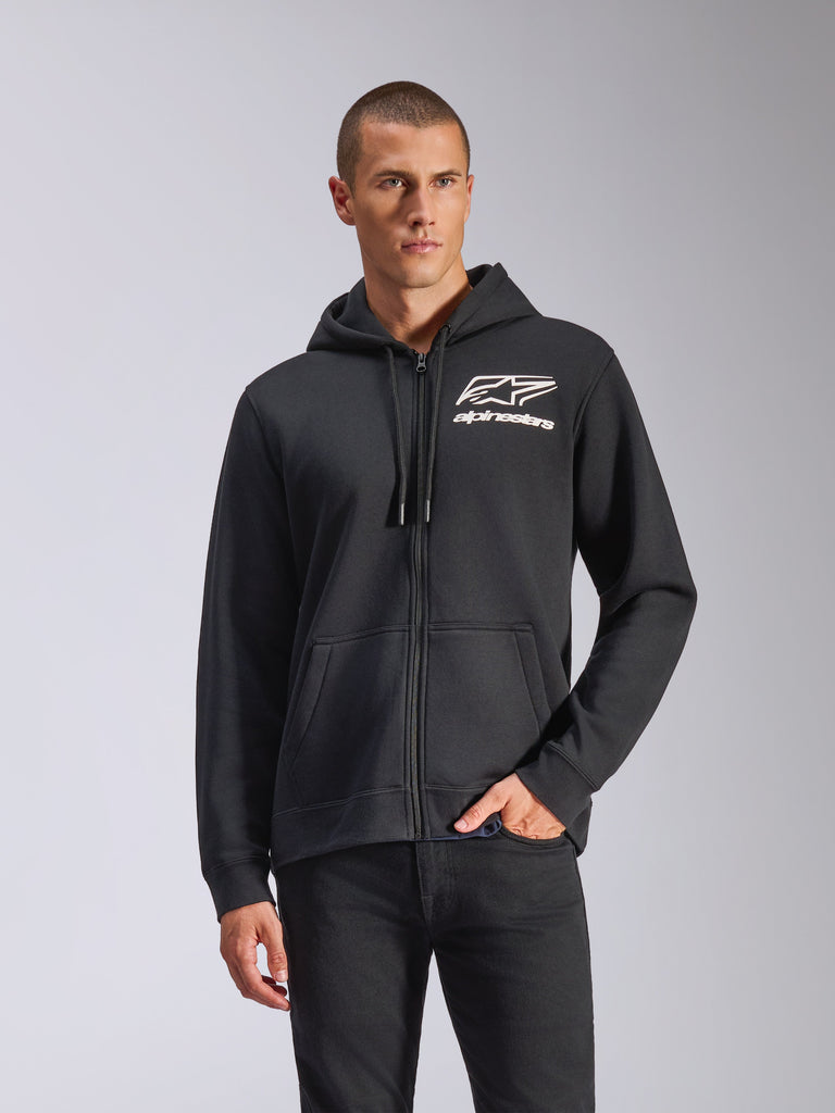 Alpinestars Formulation Hoodie, Black zip-front hoodie, white Alpinestars logo on chest, drawstring hood with tech cords, worn by a man, casual motorsport-inspired sportswear