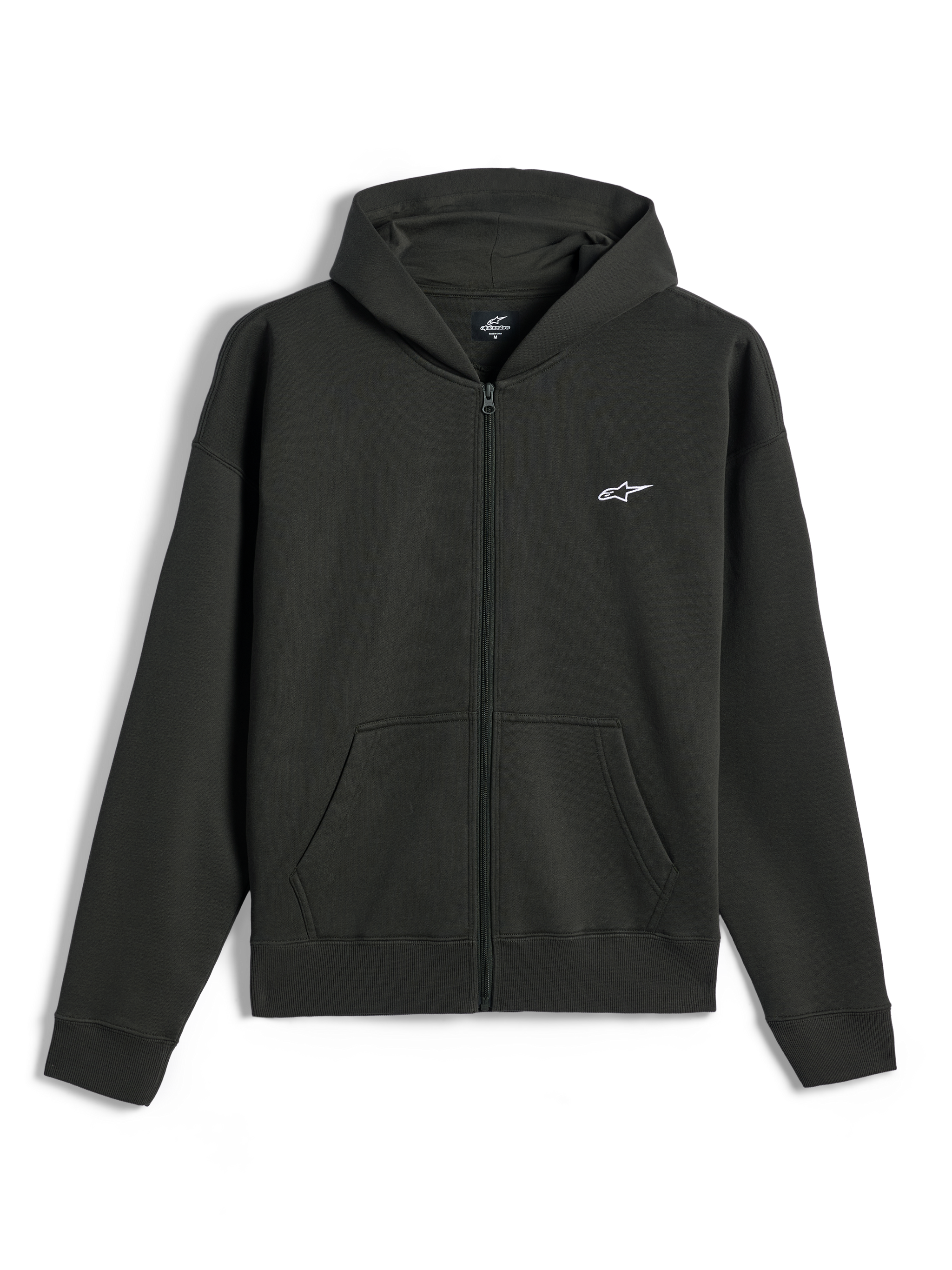 Alpinestars Essentials Ageless Zip Hoodie, full-zip fleece hoodie, Off Black, small white Alpinestars logo on the left chest, casual motorsport streetwear, featuring front pockets and ribbed cuffs