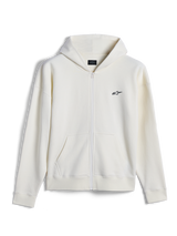 Alpinestars Essentials Ageless Zip Hoodie, casual streetwear, off-white met klein zwart Alpinestars-logo, volledige ritssluiting aan de voorzijde, gedeelde kangoeroezak, ontspannen pasvorm, premium compact fleece-ontwerp