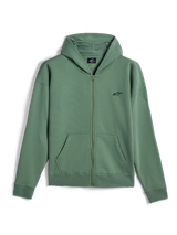 Alpinestars Essentials Ageless Zip Hoodie, casual streetwear, Cactusgroen met klein zwart Alpinestars-logo, volledige ritssluiting aan de voorzijde, hoodie met gedeelde kangoeroezakken, geribbelde manchetten en zoom, op de motorsport geïnspireerd ontwerp