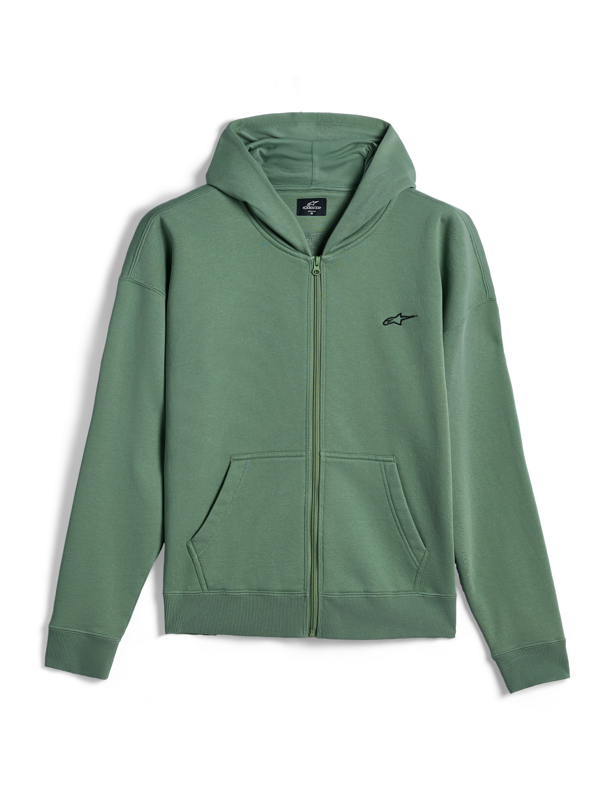 Alpinestars Essentials Ageless Zip Hoodie, casual streetwear, Cactusgroen met klein zwart Alpinestars-logo, volledige ritssluiting aan de voorzijde, hoodie met gedeelde kangoeroezakken, geribbelde manchetten en zoom, op de motorsport geïnspireerd ontwerp