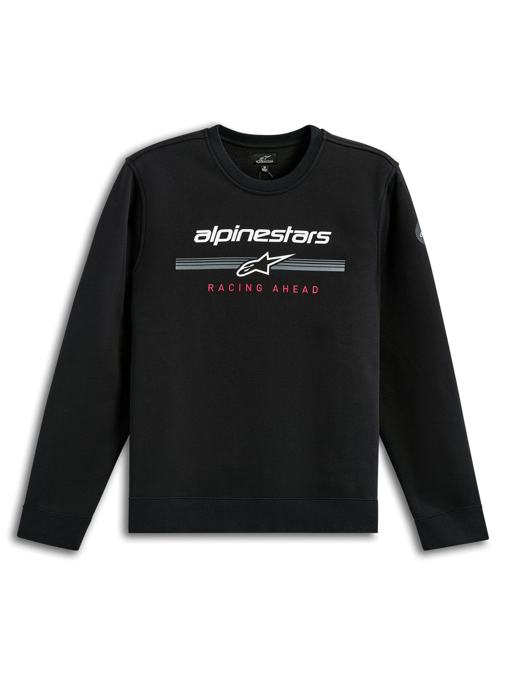 Alpinestars Bettern Crew, zwarte sweatshirt met ronde hals, wit Alpinestars woordmerk met grijze racestrepen, rode 'Racing Ahead' tekst, casual motorsport streetwear