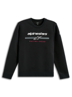 Alpinestars Bettern Crew, zwarte sweatshirt met ronde hals, wit Alpinestars woordmerk met grijze racestrepen, rode 'Racing Ahead' tekst, casual motorsport streetwear
