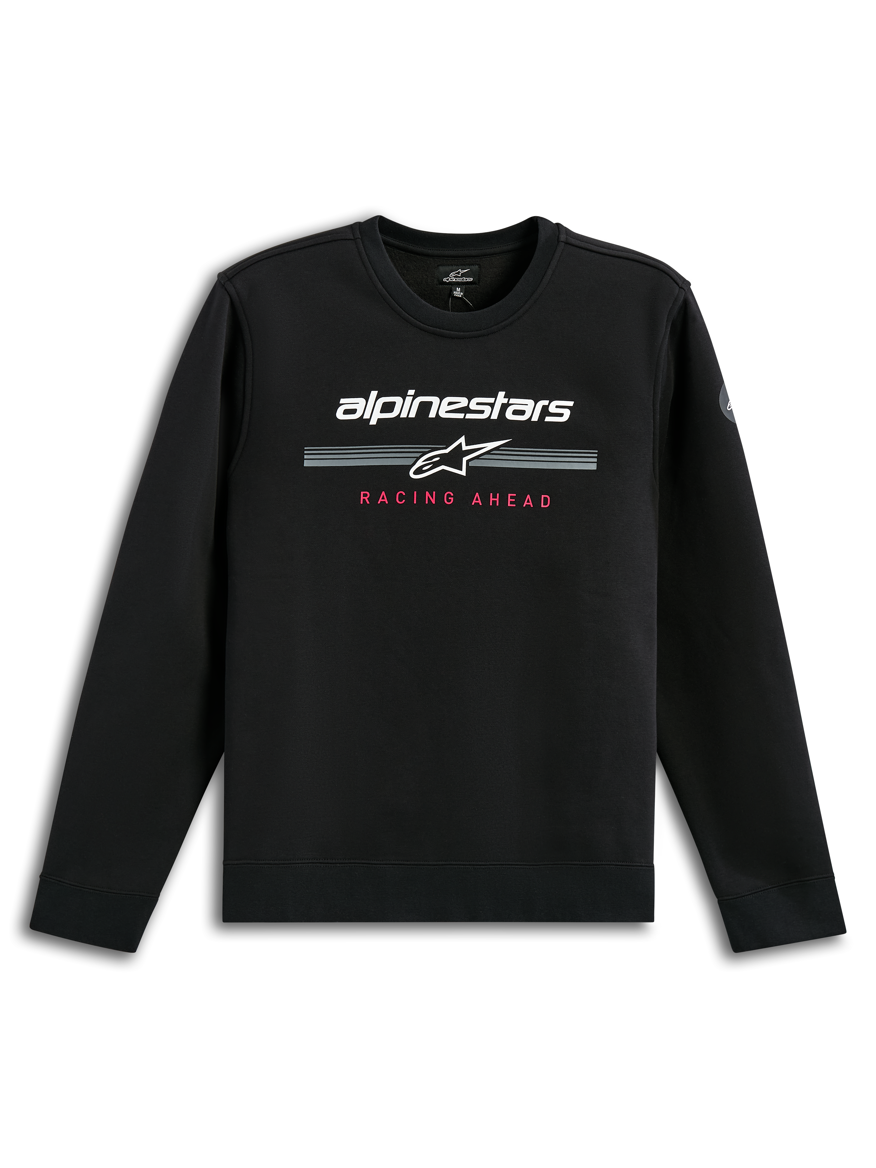 Alpinestars Bettern Crew, zwarte sweatshirt met ronde hals, wit Alpinestars woordmerk met grijze racestrepen, rode 'Racing Ahead' tekst, casual motorsport streetwear