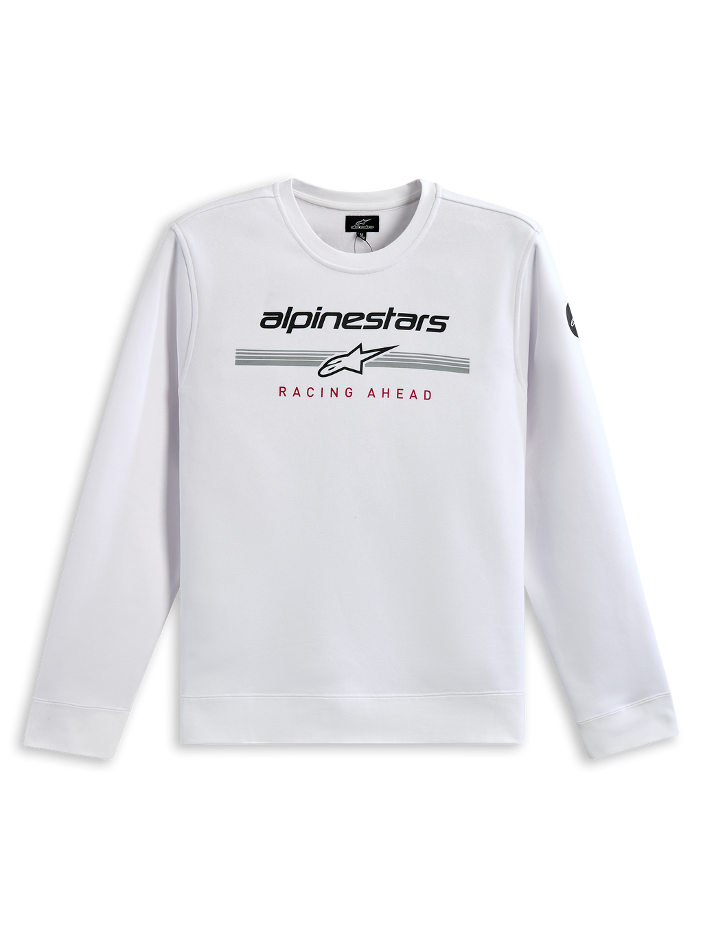 Alpinestars Bettern Crew sweatshirt, wit, met zwarte Alpinestars-branding, grijze racestrepen met een wit sterlogo en rode 'RACING AHEAD' opdruk, casual streetwear geïnspireerd op de motorsport