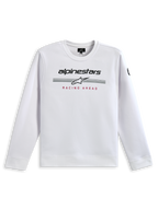Alpinestars Bettern Crew sweatshirt, wit, met zwarte Alpinestars-branding, grijze racestrepen met een wit sterlogo en rode 'RACING AHEAD' opdruk, casual streetwear geïnspireerd op de motorsport
