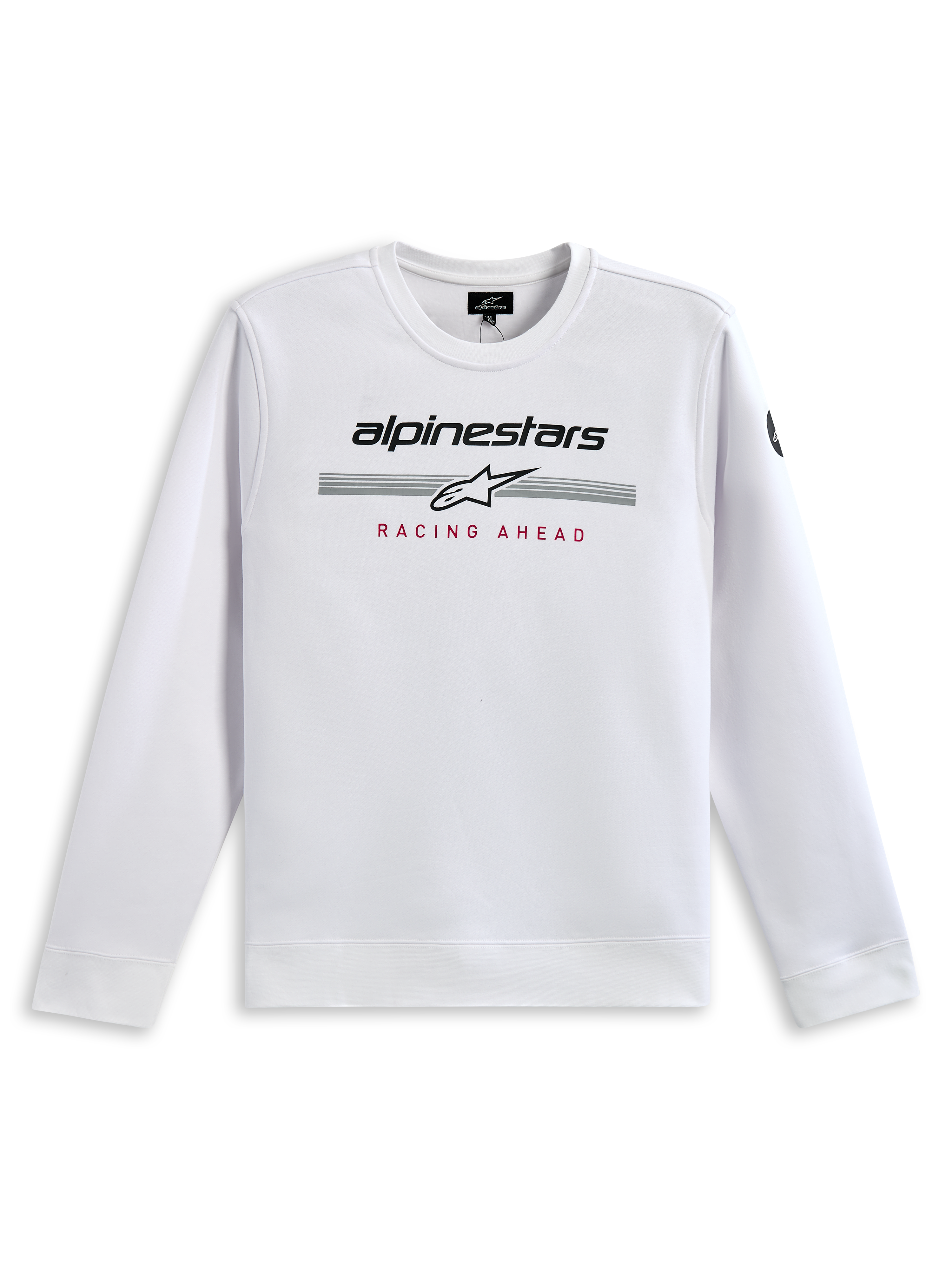 Alpinestars Bettern Crew sweatshirt, wit, met zwarte Alpinestars-branding, grijze racestrepen met een wit sterlogo en rode 'RACING AHEAD' opdruk, casual streetwear geïnspireerd op de motorsport