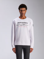Alpinestars Bettern Crew, sweatshirt met ronde hals, wit, met zwart Alpinestars-logo, grijze horizontale strepen en rode 'RACING AHEAD' tekst, casual motorsport streetwear