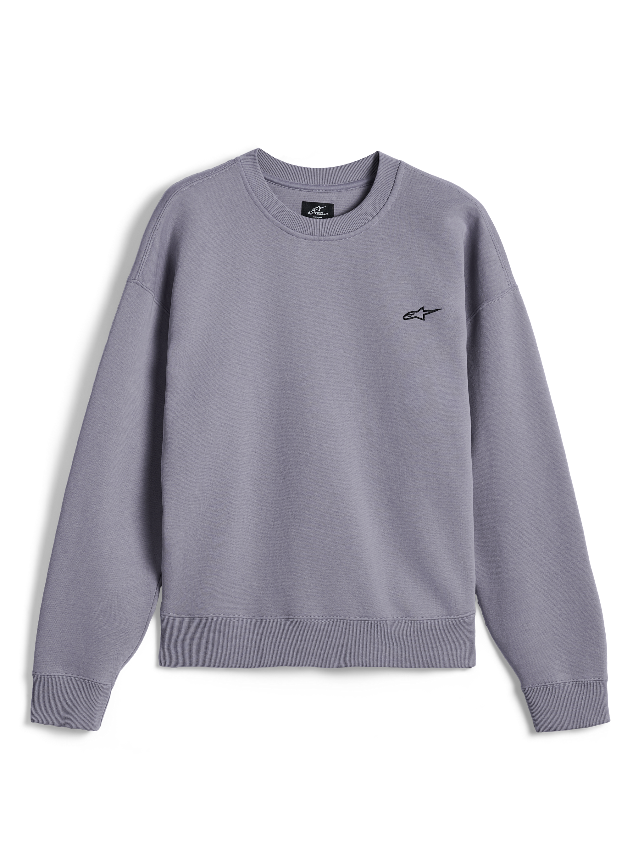 Alpinestars Essentials Ageless Crew, premium crewneck sweatshirt, zilver, met een klein zwart Astar-logo op de borst, geribbelde kraag, manchetten en zoom, casual motorsport-geïnspireerde streetwear