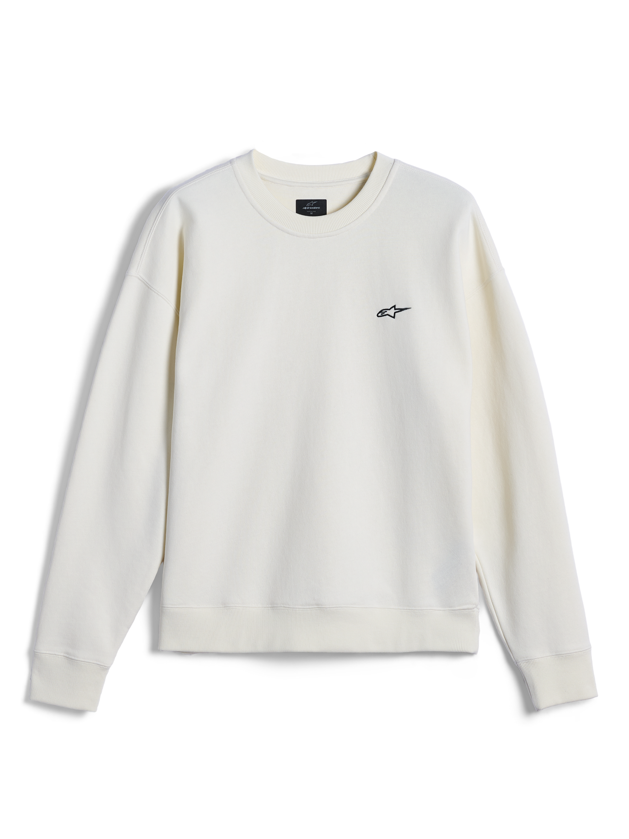 Alpinestars Essentials Ageless Crew, crewneck sweatshirt, Off White, klein zwart Alpinestars-logo op de borst, geribbelde kraag, manchetten en zoom, casual motorsport-geïnspireerde streetwear