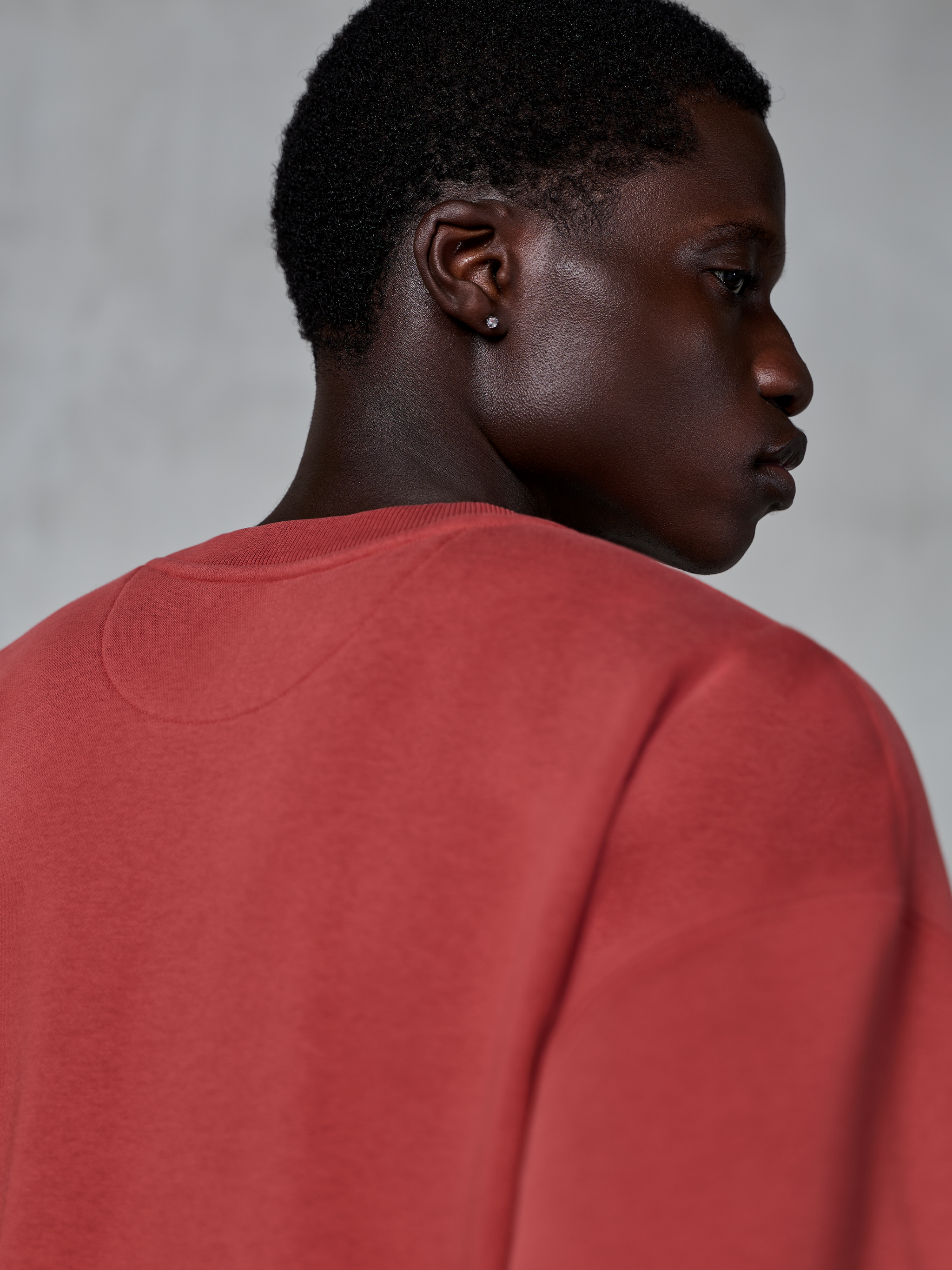 Alpinestars Essentials Ageless Crew, crewneck sweatshirt, baksteenrood, close-up van de bovenrug en nek met geribbelde kraag en premium fleece textuur, casual vrijetijdskleding