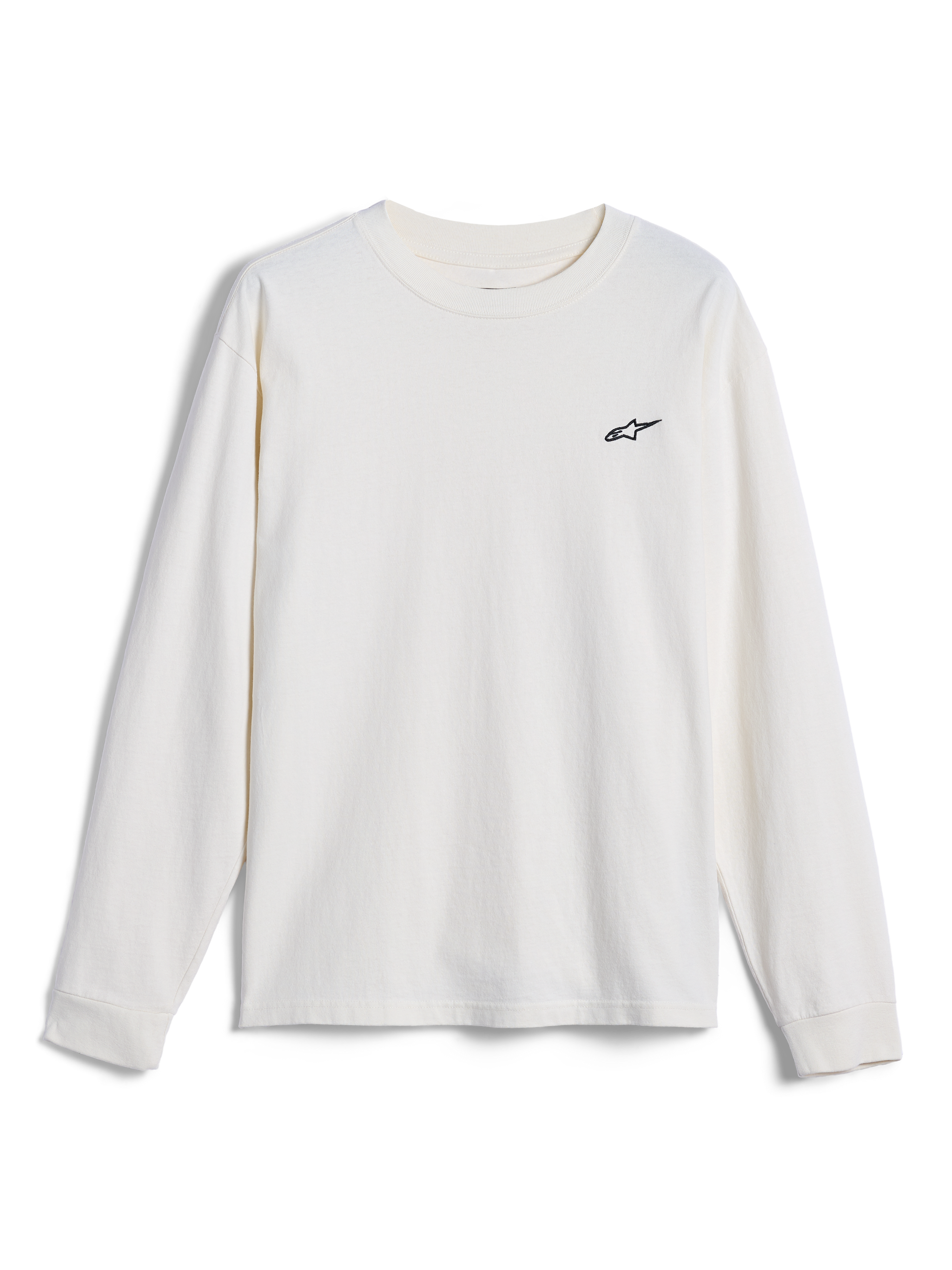 Alpinestars Essentials Ageless LS Tee, T-shirt met lange mouwen, off-white, voorzien van een klein zwart Alpinestars-logo op de borst, casual streetwear geïnspireerd op de motorsport