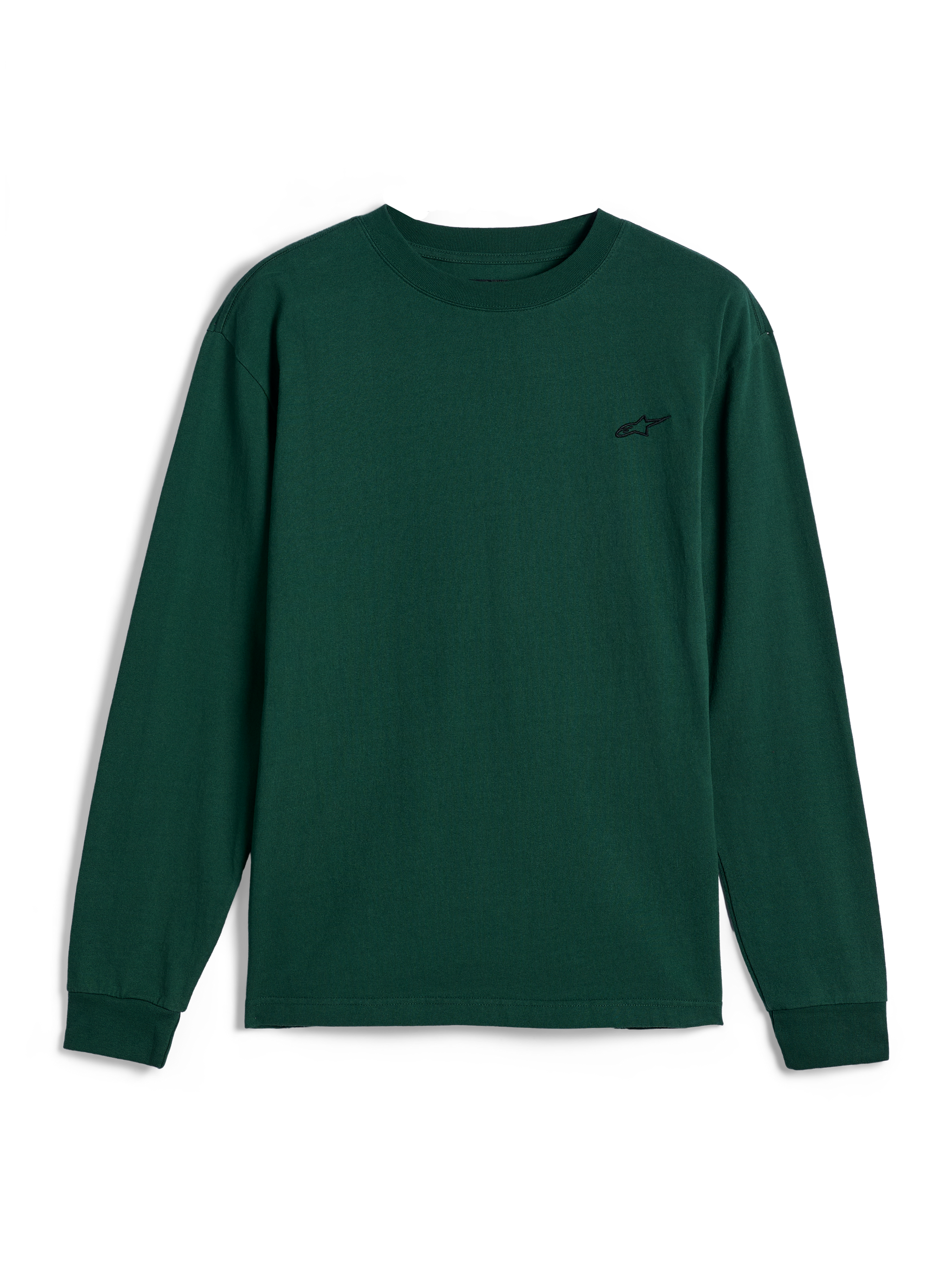 Alpinestars Essentials Ageless LS Tee, T-shirt met lange mouwen, Pine Green, klein zwart geborduurd logo op de linkerborst, casual motorsport streetwear