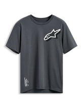 Alpinestars Shaded CSF Tee, Short Sleeve T-Shirt, Charcoal Gray, Slanted white and black Astars logo on chest, Alpinestars One Goal One Vision text on bottom hem, Casual Motorsport Streetwear