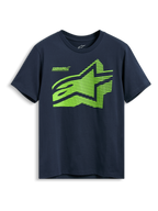 Alpinestars Fasting CSF Tee, T-shirt met korte mouwen, marineblauw, limegroen geometrisch Astars-logo met Forward Innovation-tekst, casual sportkleding