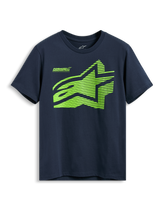 Alpinestars Fasting CSF Tee, T-shirt met korte mouwen, marineblauw, limegroen geometrisch Astars-logo met Forward Innovation-tekst, casual sportkleding