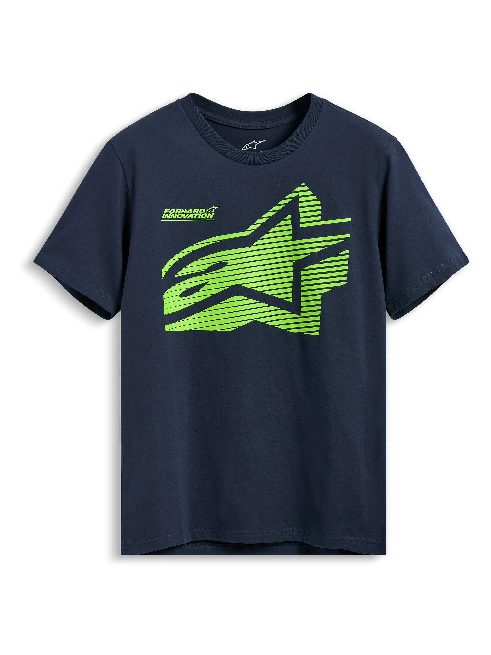 Alpinestars Fasting CSF Tee, T-shirt met korte mouwen, marineblauw, limegroen geometrisch Astars-logo met Forward Innovation-tekst, casual sportkleding