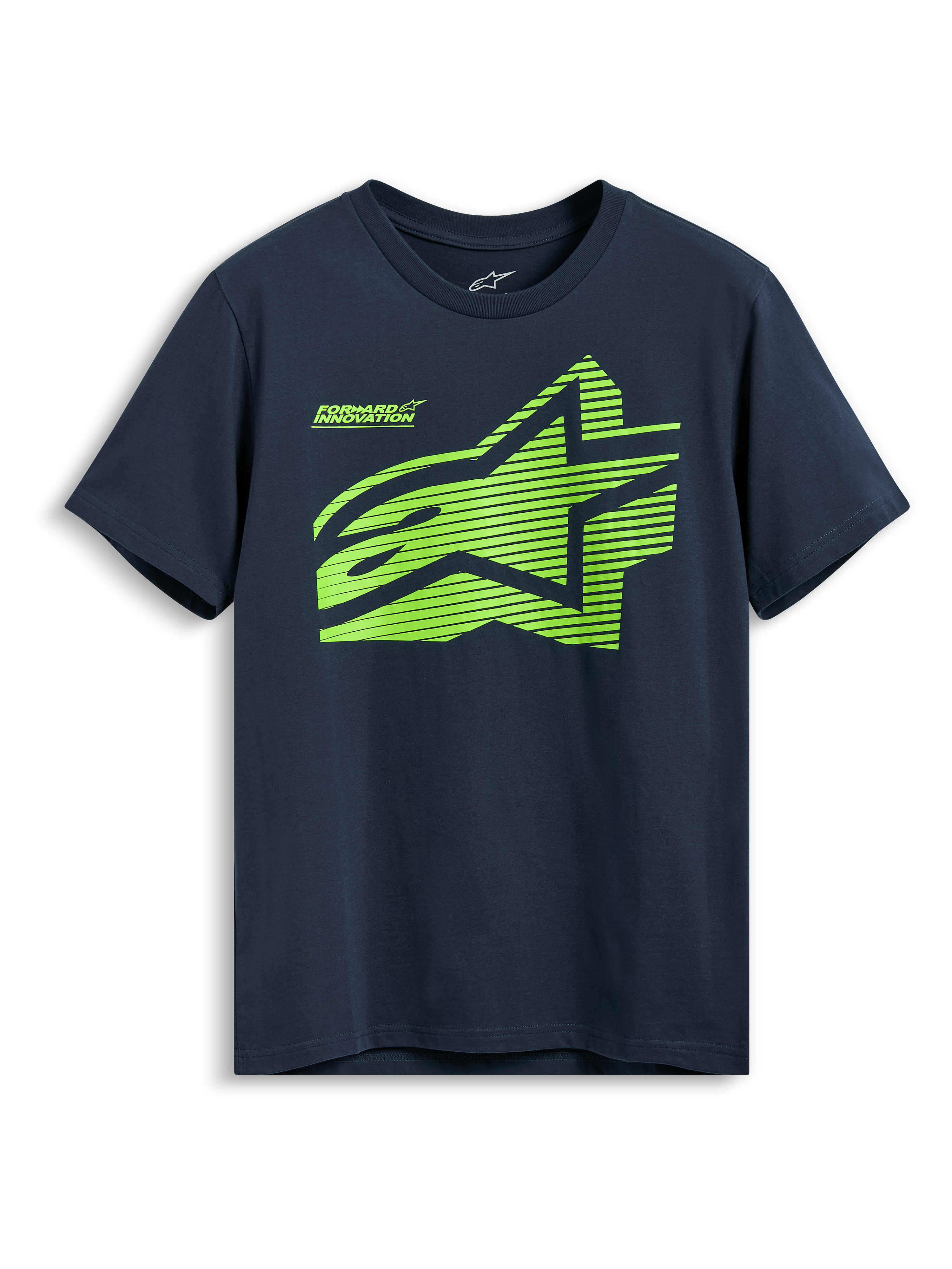 Alpinestars Fasting CSF Tee, T-shirt met korte mouwen, marineblauw, limegroen geometrisch Astars-logo met Forward Innovation-tekst, casual sportkleding