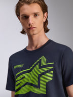 Alpinestars Fasting CSF Tee, t-shirt met korte mouwen, marineblauw, limoengroene geometrische ster-graphic met Forward Innovation tekst, casual motorsport streetwear