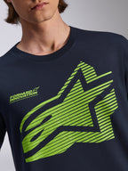 Alpinestars Fasting CSF Tee, T-shirt met korte mouwen, marineblauw, limoengroen geometrisch Astars-logo met horizontale lijnen en 'Forward Innovation' tekst, casual sportkleding
