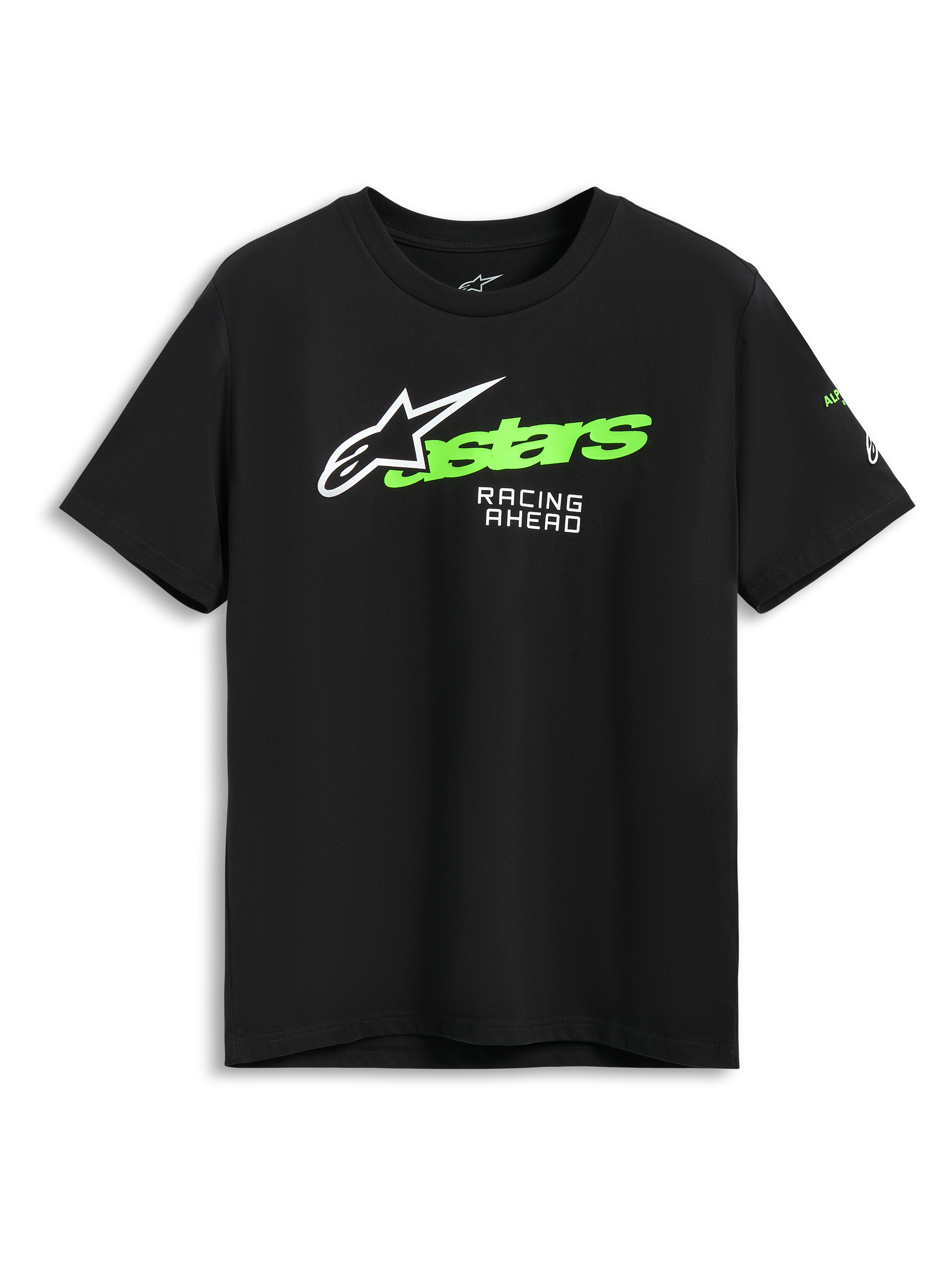 Alpinestars Entitled CSF Tee, T-shirt met korte mouwen, zwart, wit Astars-logo met groene tekst en Racing Ahead-opdruk, casual motorsport-sportkleding