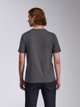 Alpinestars Waving CSF Tee, Short Sleeve T-Shirt, Charcoal Gray, Back View, worn by model with dark jeans, casual motorsport lifestyle apparel