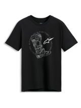 Alpinestars Tech Boot CSF Tee, Short Sleeve T-Shirt, Black, White Motocross Boot Illustration with Circular Alpinestars Wordmark and Star Logo, Casual Motorsport Streetwear