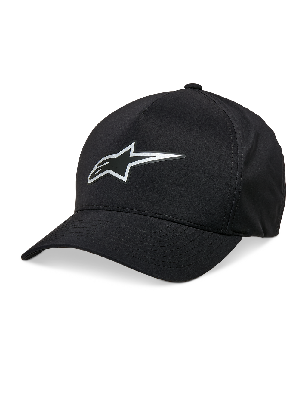 Alpinestars Ageless Reflex Waterproof pet, zwarte baseballcap, gebogen klep, zilverkleurig reflecterend Astars-logo, gestructureerde kroon, waterdichte technische stof, casual motorsport-hoofddeksel