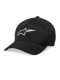 Alpinestars Ageless Reflex Waterproof pet, zwarte baseballcap, gebogen klep, zilverkleurig reflecterend Astars-logo, gestructureerde kroon, waterdichte technische stof, casual motorsport-hoofddeksel