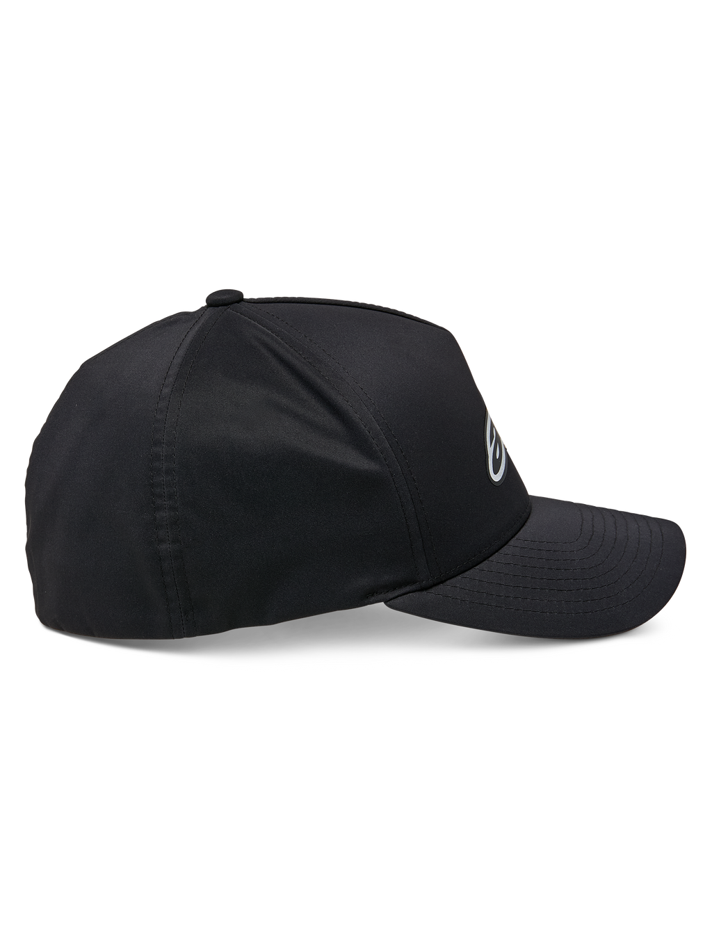 Alpinestars Ageless Reflex Waterproof pet, zwart, zijaanzicht, gebogen klep met gestructureerde kroon, technisch waterdicht materiaal met reflecterend logo-detail, casual performance hoofdbekleding