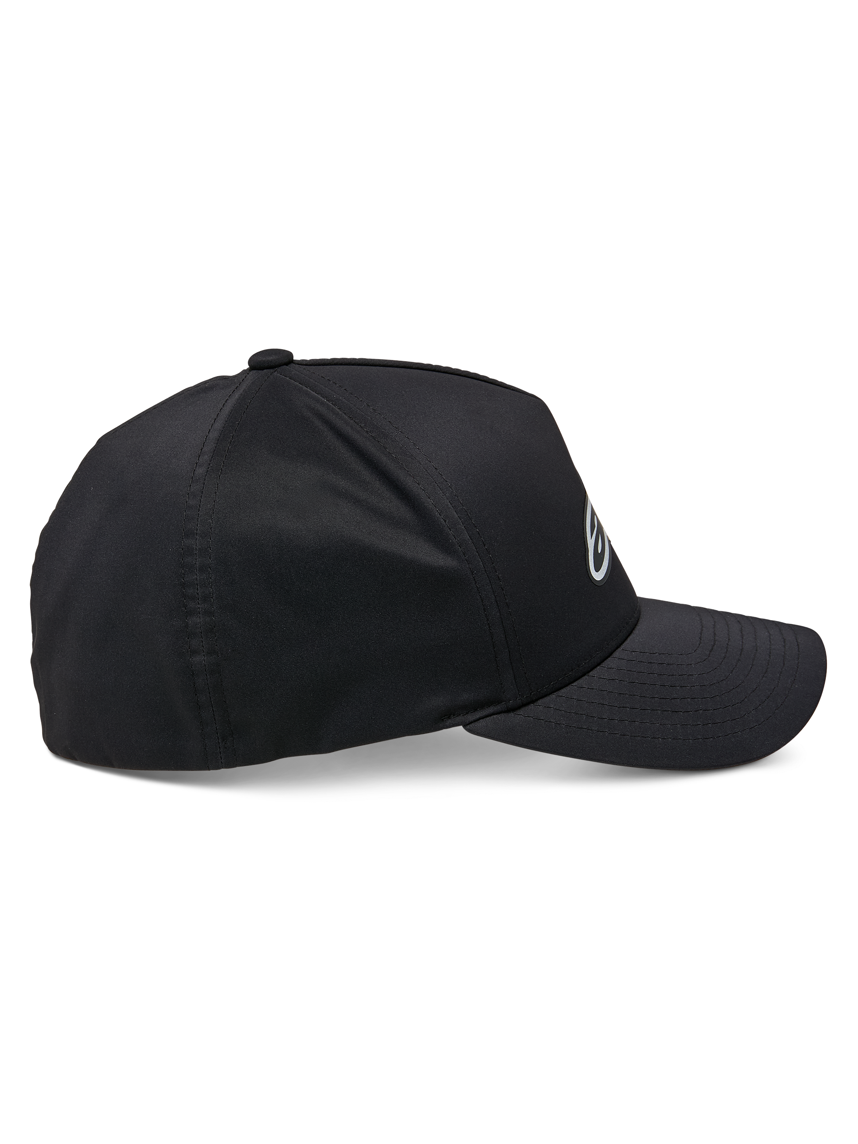 Alpinestars Ageless Reflex Waterproof pet, zwart, zijaanzicht, gebogen klep met gestructureerde kroon, technisch waterdicht materiaal met reflecterend logo-detail, casual performance hoofdbekleding