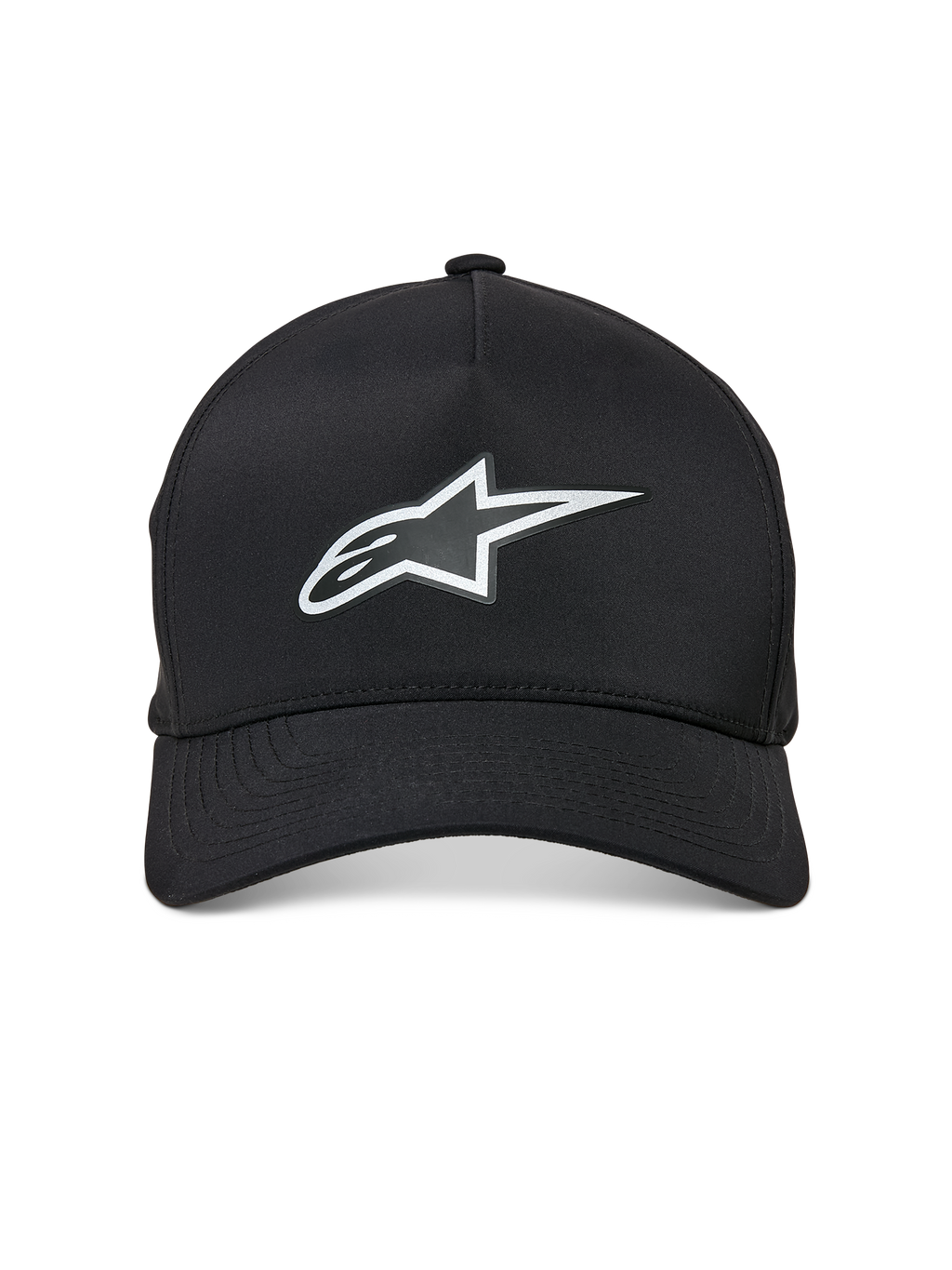 Alpinestars Ageless Reflex Waterproof pet, zwarte baseballcap met gebogen klep, voorzien van een reflecterend zilverkleurig Astars-logo op de voorkant, gestructureerde kroon en technisch waterdicht materiaal, vooraanzicht