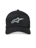 Alpinestars Ageless Reflex Waterproof pet, zwarte baseballcap met gebogen klep, voorzien van een reflecterend zilverkleurig Astars-logo op de voorkant, gestructureerde kroon en technisch waterdicht materiaal, vooraanzicht