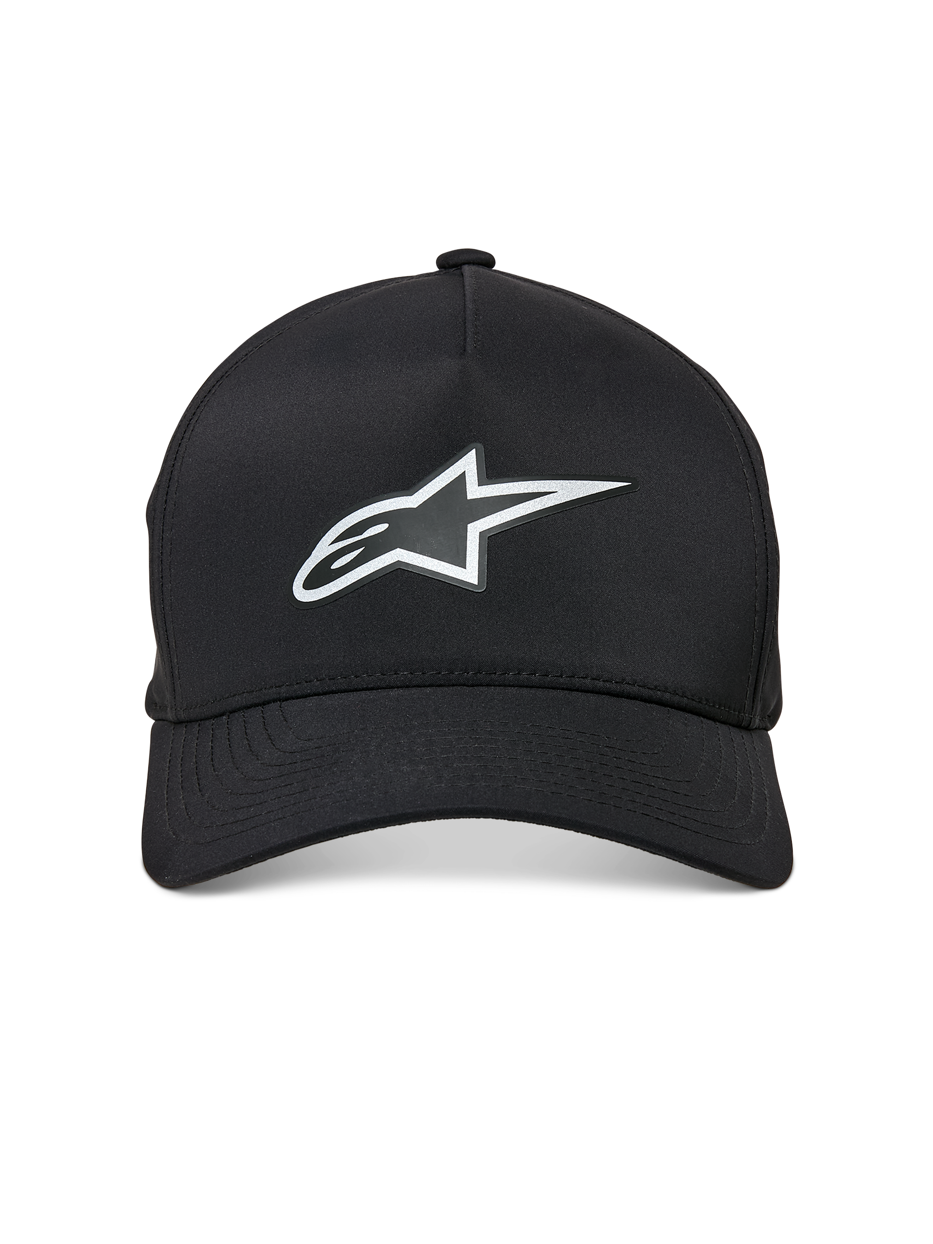 Alpinestars Ageless Reflex Waterproof pet, zwarte baseballcap met gebogen klep, voorzien van een reflecterend zilverkleurig Astars-logo op de voorkant, gestructureerde kroon en technisch waterdicht materiaal, vooraanzicht