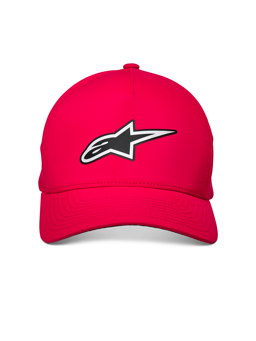 Alpinestars Ageless Reflex Waterproof pet, rood, met een reflecterend Astars-logo op de voorkant, gebogen klep en gestructureerde kroon, waterbestendige technische stof voor een casual motorsportstijl