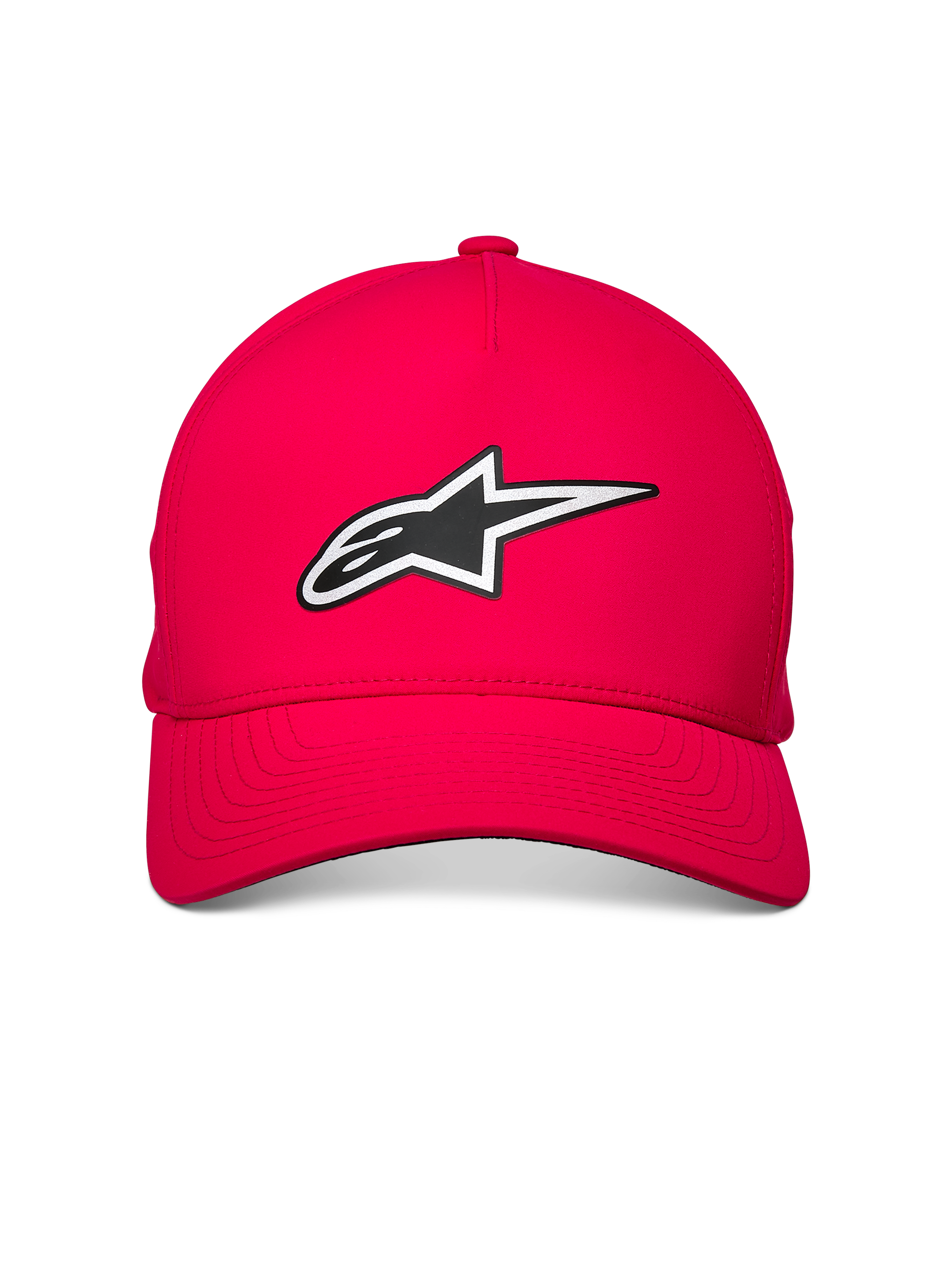 Alpinestars Ageless Reflex Waterproof pet, rood, met een reflecterend Astars-logo op de voorkant, gebogen klep en gestructureerde kroon, waterbestendige technische stof voor een casual motorsportstijl