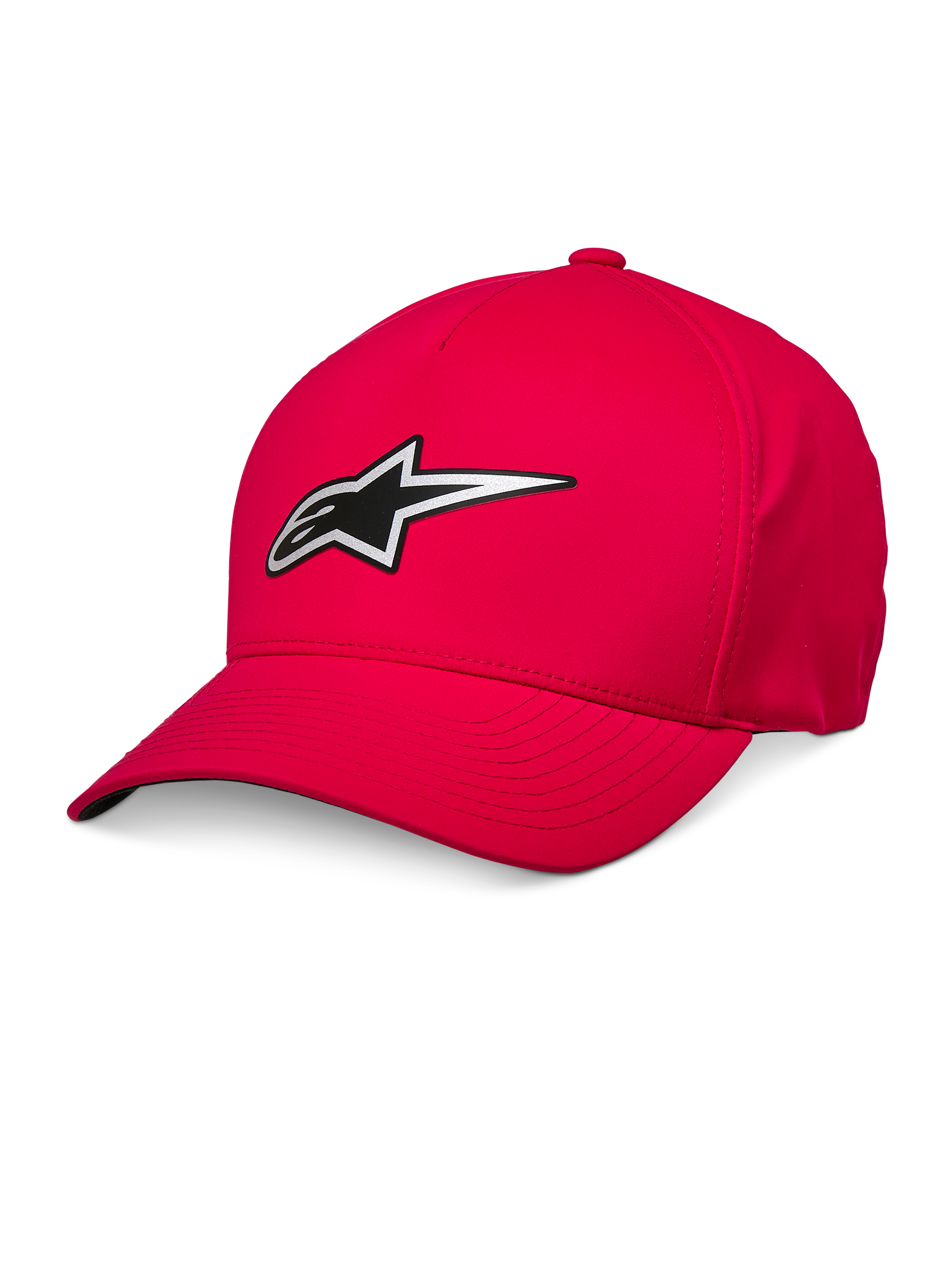 Alpinestars Ageless Reflex Waterproof Pet, rode baseballcap, gebogen klep, zilver en zwart reflecterend Astars-logo, waterdichte technische stof, casual sportieve hoofdbedekking