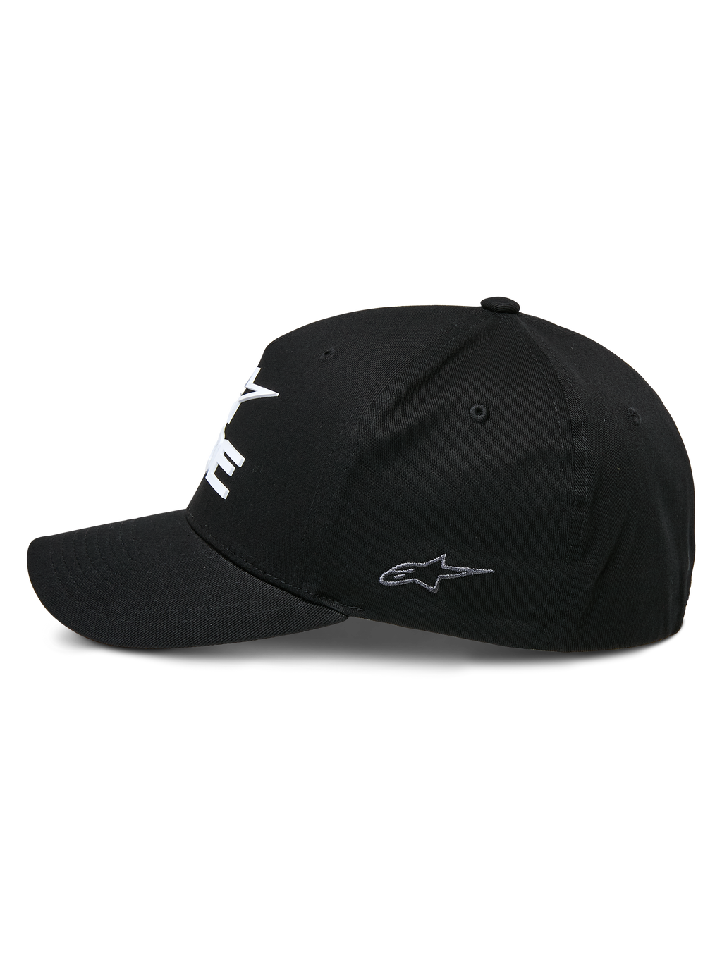Alpinestars Ride Sonic pet, gestructureerde baseballcap, zwart, zijprofiel met een gebogen klep en klein grijs geborduurd sterlogo op het zijpaneel, stretch keperstof, casual motorsport pet