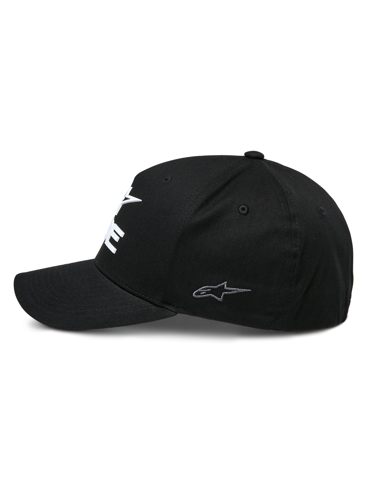 Alpinestars Ride Sonic pet, gestructureerde baseballcap, zwart, zijprofiel met een gebogen klep en klein grijs geborduurd sterlogo op het zijpaneel, stretch keperstof, casual motorsport pet