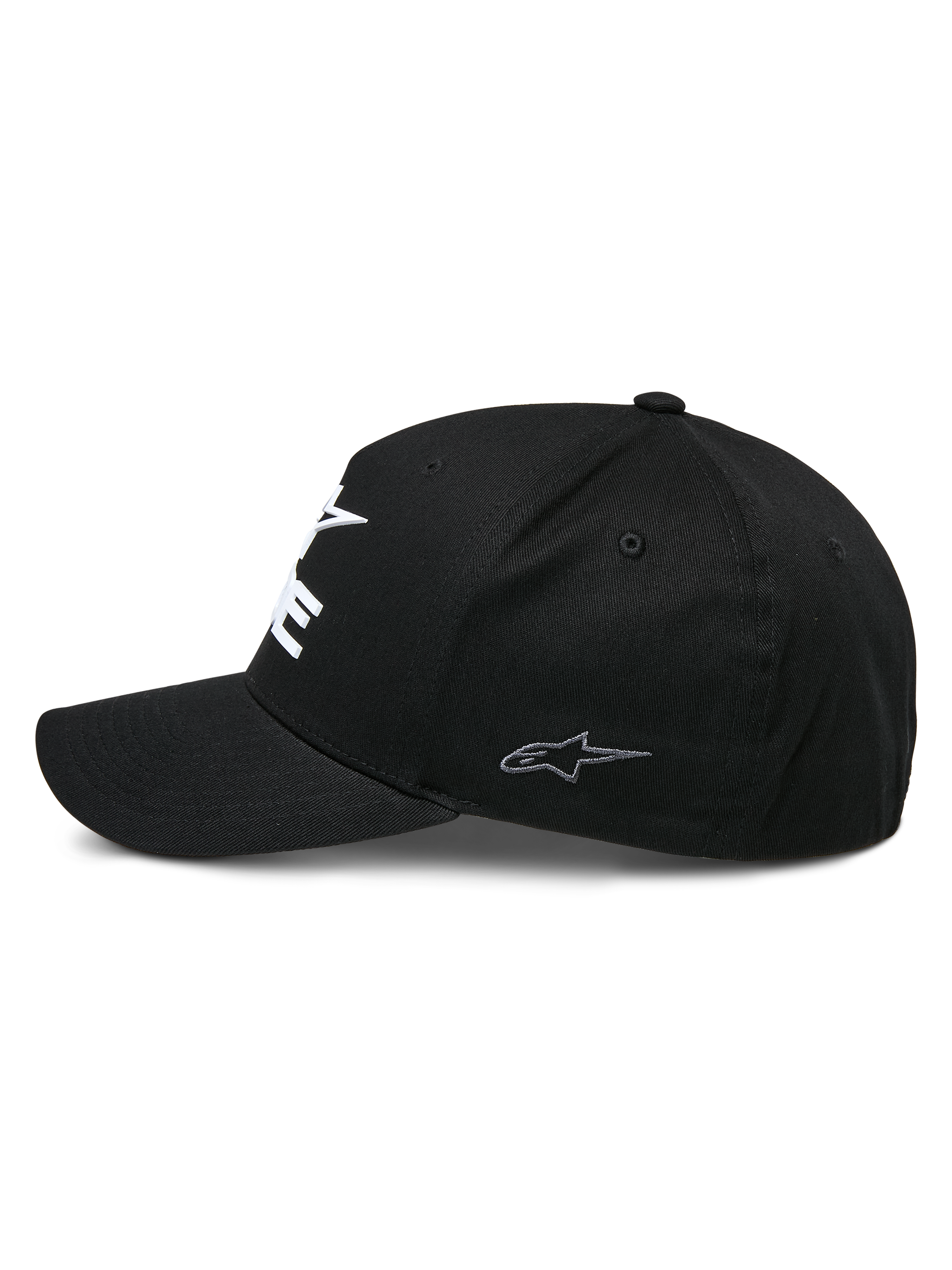 Alpinestars Ride Sonic pet, gestructureerde baseballcap, zwart, zijprofiel met een gebogen klep en klein grijs geborduurd sterlogo op het zijpaneel, stretch keperstof, casual motorsport pet