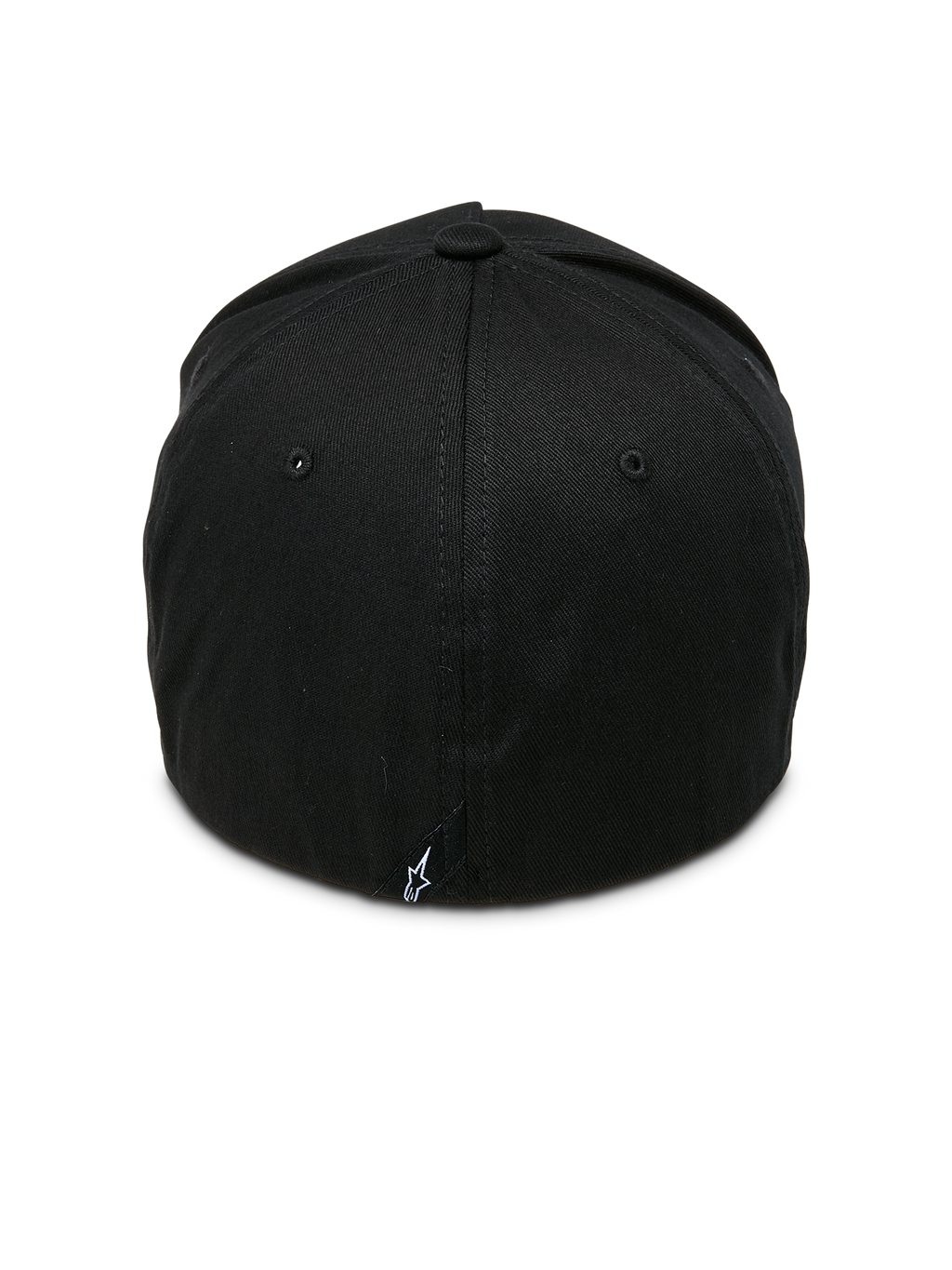 Alpinestars Ride Sonic pet, zwart en wit, achteraanzicht met gestructureerde kroon en flexibele achterkant, klein label met wit sterlogo, casual op motorsport geïnspireerde hoofdbedekking