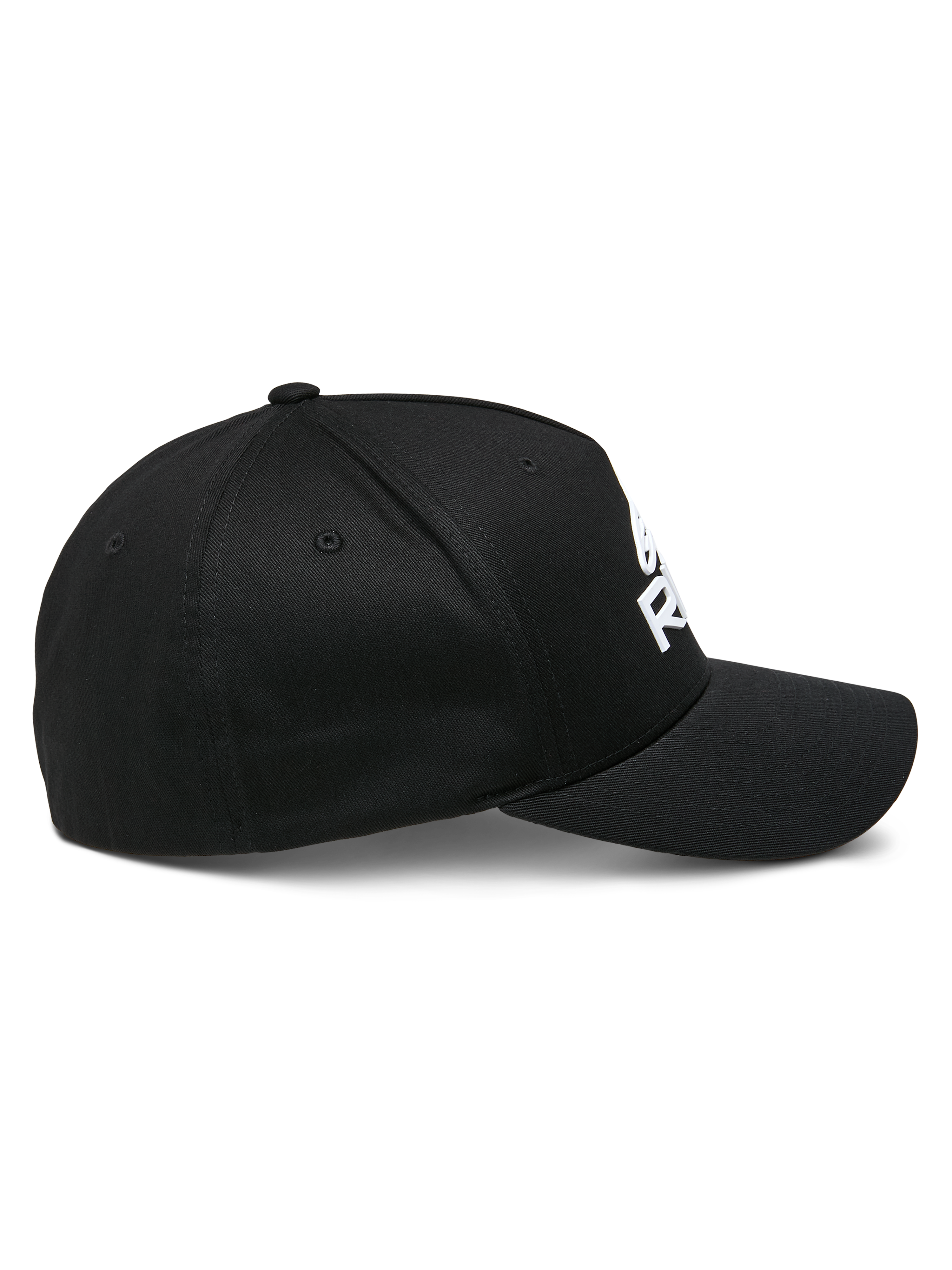 Alpinestars Ride Sonic pet, zijaanzicht, zwart met wit 3D geborduurd logo, gebogen klep, gestructureerde kroon, stretch keperstof, casual motorsport hoofdbedekking