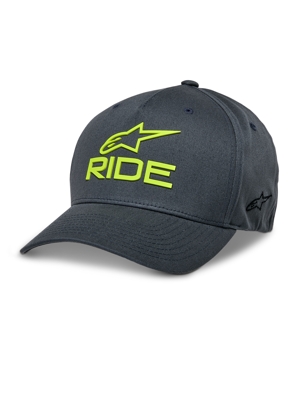 Alpinestars Ride Sonic Hat, donkergrijze en felgele baseballcap, 3D-geborduurd RIDE- en sterlogo, gebogen klep, gestructureerde kroon, casual motorsport-hoofdbedekking van stretch twill