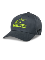 Alpinestars Ride Sonic Hat, donkergrijze en felgele baseballcap, 3D-geborduurd RIDE- en sterlogo, gebogen klep, gestructureerde kroon, casual motorsport-hoofdbedekking van stretch twill